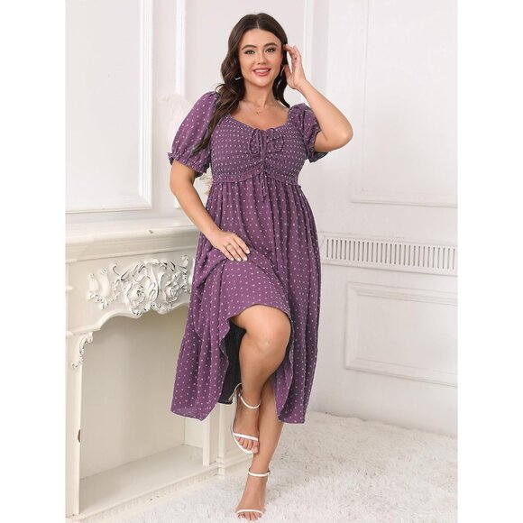 Plus Size Summer Dress Polish Dot Puff Short Sleeve Smocked Ruffle Casual Midi - Picture 3 of 6